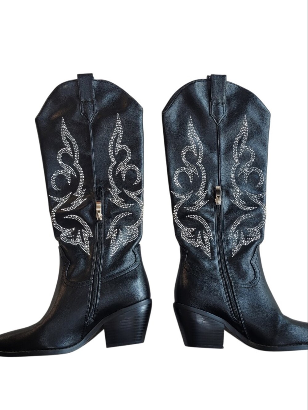 Black Studded Western Cowboy Boots Faux Leather Side Zip Boots Size 7 - Picture 3 of 11